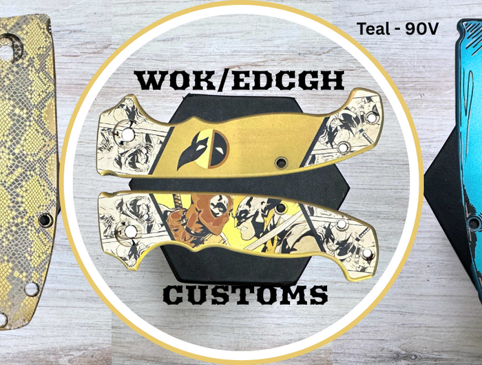 Colorful knife handles with 'Wok/EdCGH Customs' logo on a wooden background